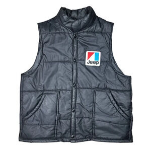 Vintage 70s Jeep Logo Nylon Puffer Black Snap Button Vest Jacket Mens Large